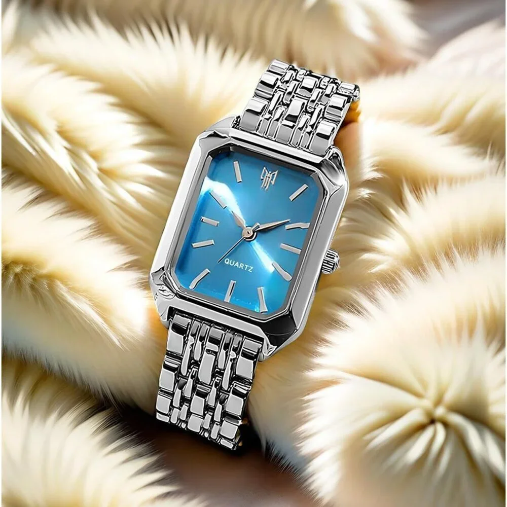 Women's Silver Blue Square Quartz Wrist Watches Steel Strap Casual Fashion